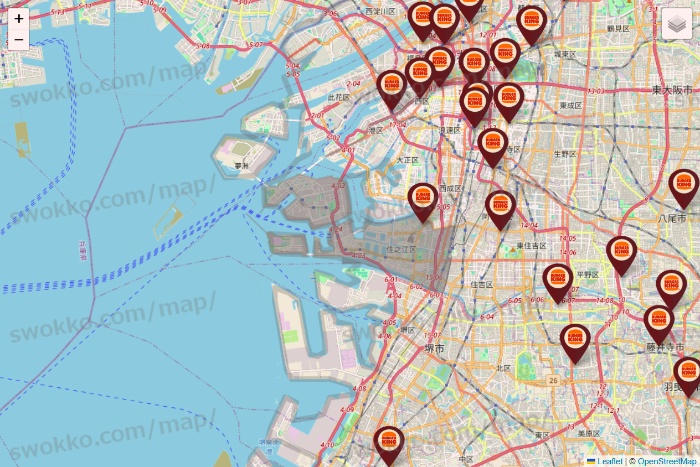 大阪府のバーガーキングの店舗地図