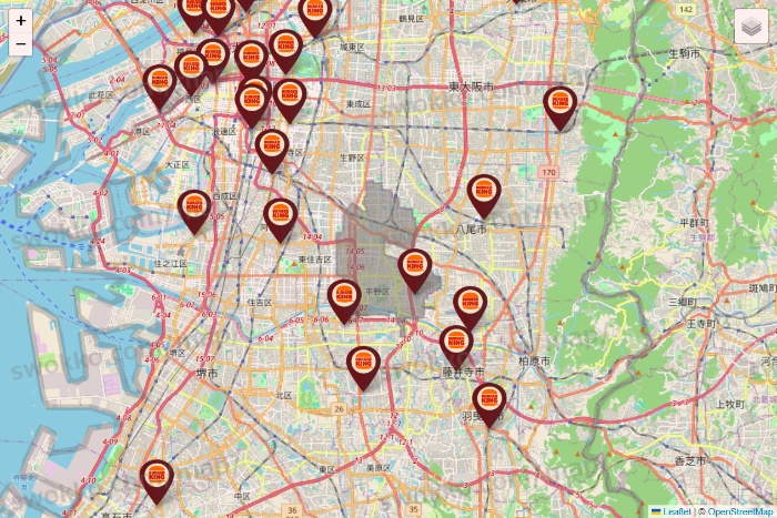 大阪府のバーガーキングの店舗地図