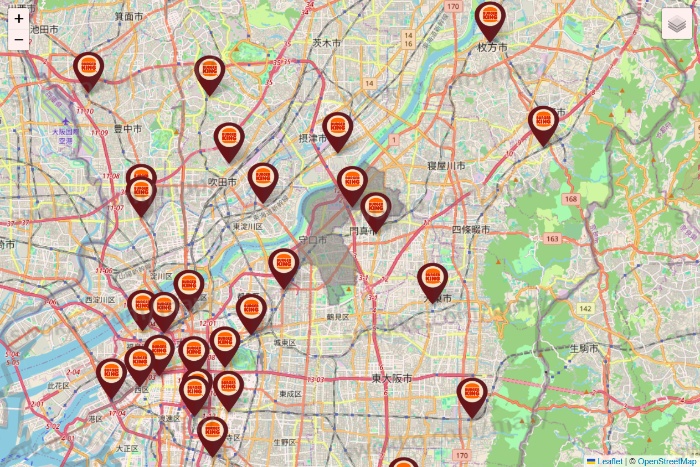 大阪府のバーガーキングの店舗地図