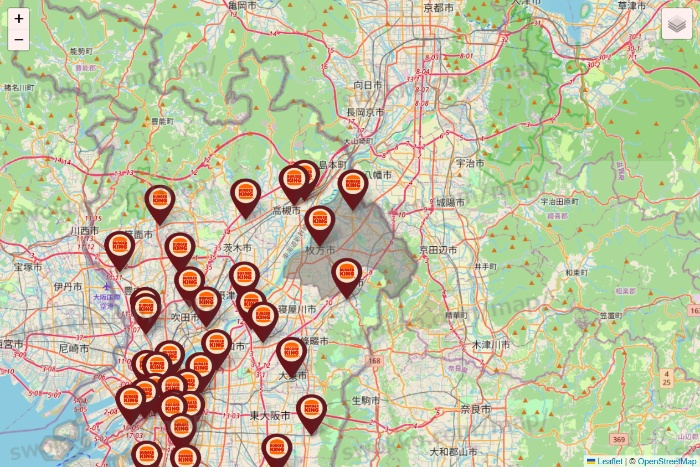大阪府のバーガーキングの店舗地図