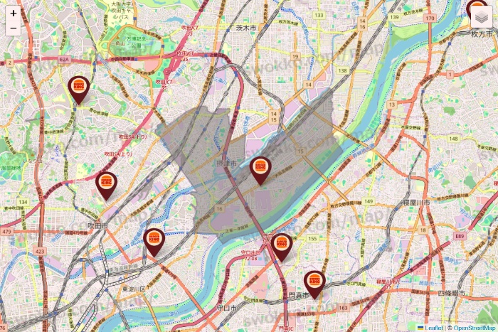 大阪府のバーガーキングの店舗地図