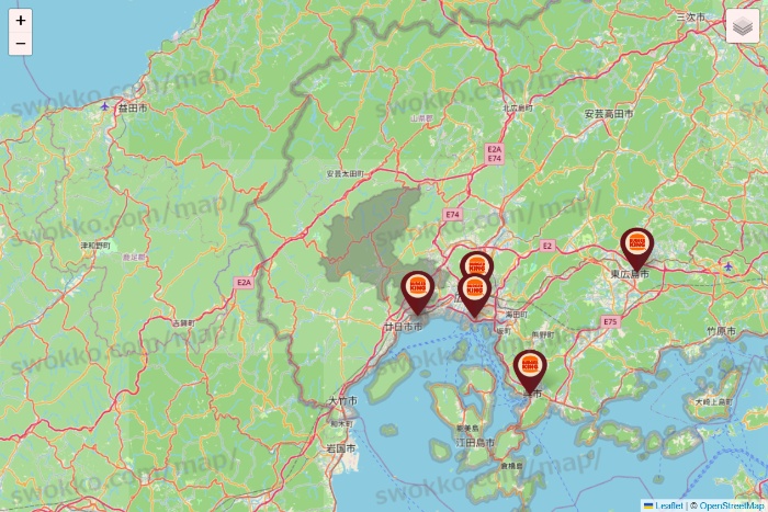 広島県のバーガーキングの店舗地図