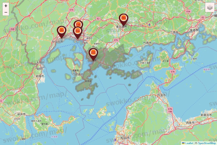 広島県のバーガーキングの店舗地図