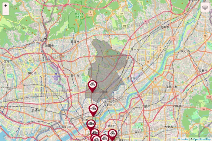 大阪府のベローチェの店舗地図