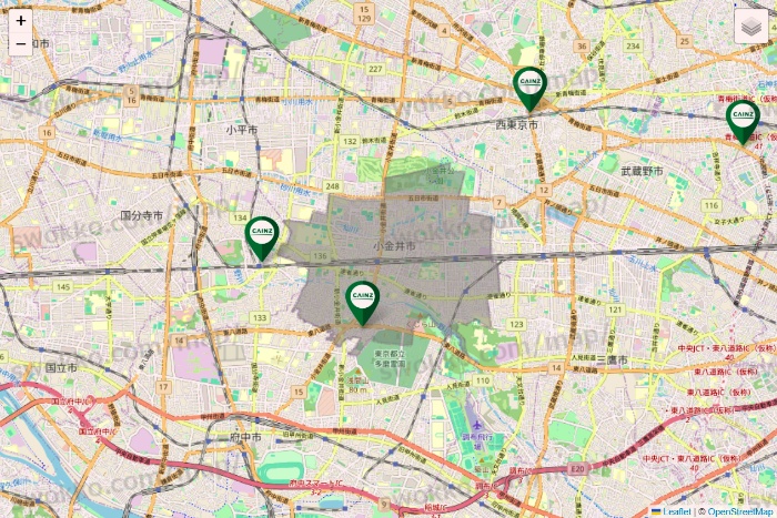 東京都のカインズの店舗地図