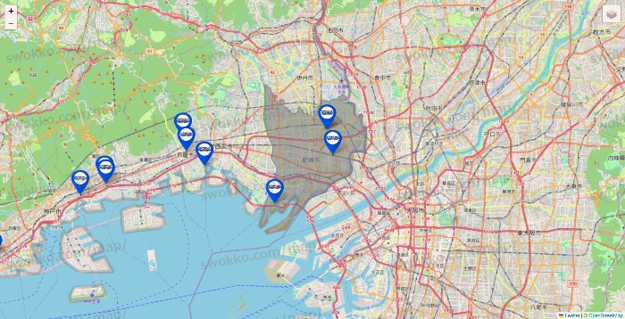 兵庫県のセントラルスポーツの店舗地図