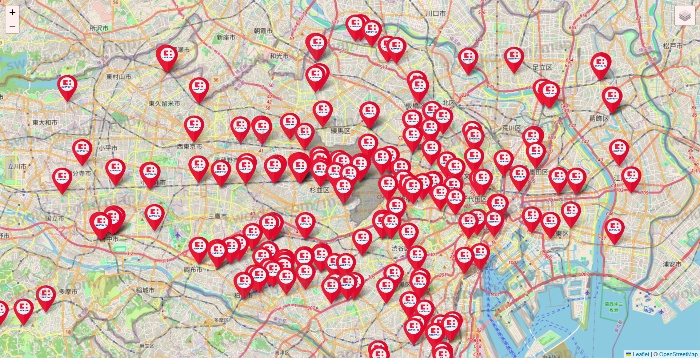 東京都のココカラファインの店舗地図