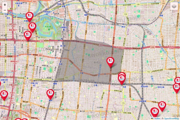 大阪府のココカラファインの店舗地図