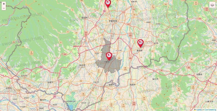 栃木県のココカラファインの店舗地図