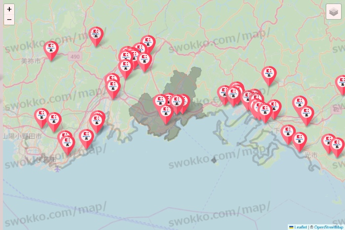 山口県のココカラファイン系列いろいろの店舗地図