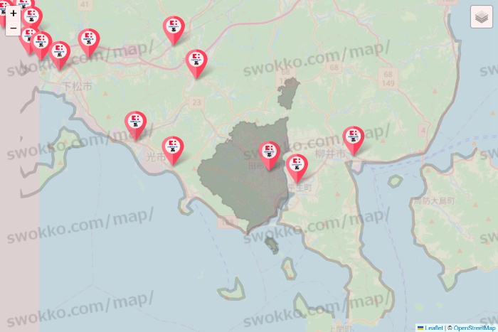 山口県のココカラファイン系列いろいろの店舗地図