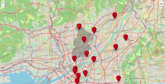大阪府のコナミスポーツクラブの店舗地図