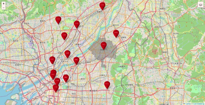 大阪府のコナミスポーツクラブの店舗地図