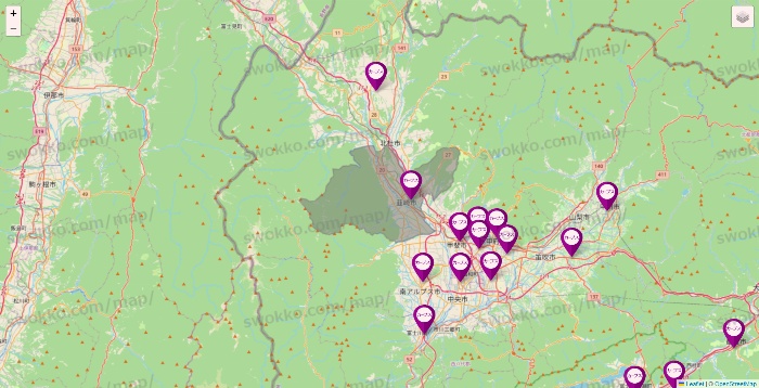 山梨県のカーブスの店舗地図