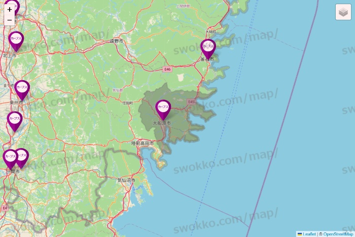 岩手県のカーブスの店舗地図