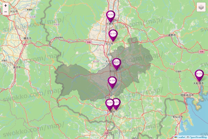 岩手県のカーブスの店舗地図