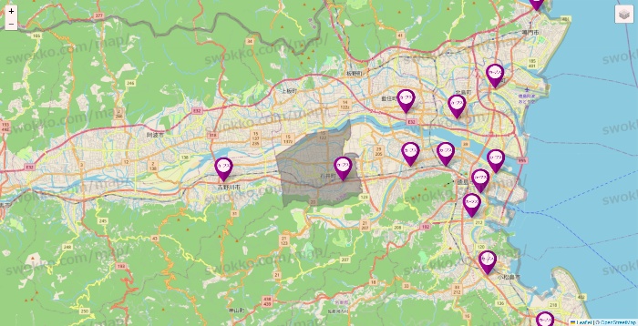 徳島県のカーブスの店舗地図