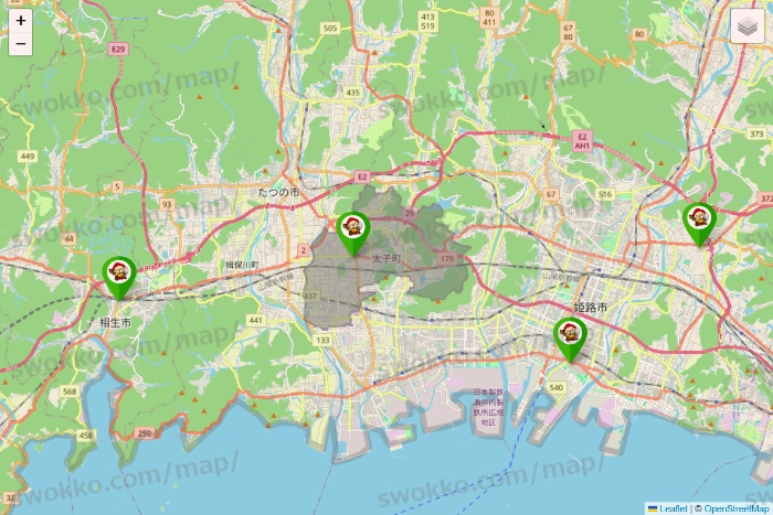 兵庫県の大黒天系（ラ・ムー、ディオ、バリュー100、ザ・大黒天）の店舗地図