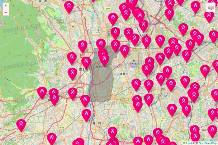 神奈川県のダイソー（DASIO）の店舗地図