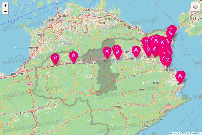 徳島県のダイソー（DASIO）の店舗地図