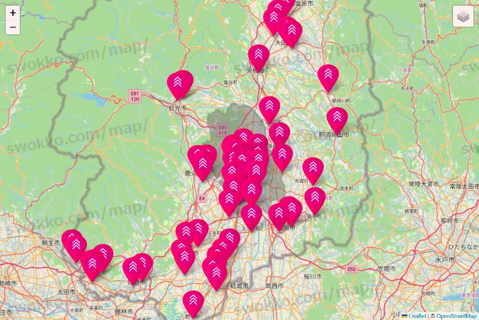 栃木県のダイソー（DASIO）の店舗地図