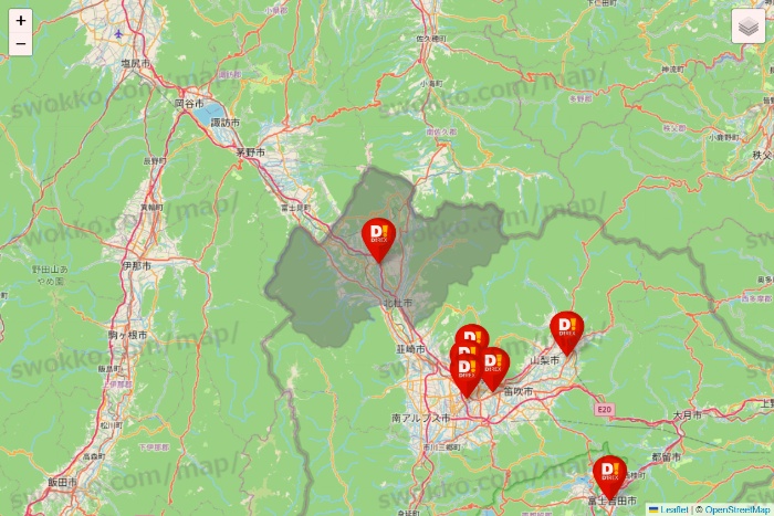 山梨県のDirex（ダイレックス）の店舗地図