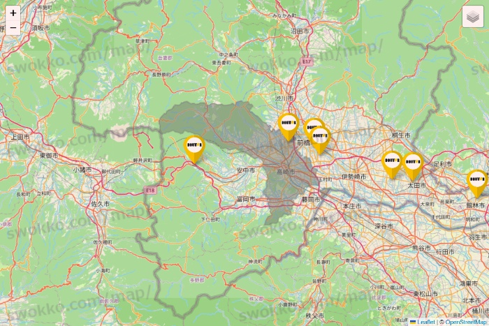 群馬県のドトールの店舗地図