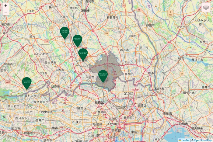 埼玉県のフレッシュネスバーガーの店舗地図