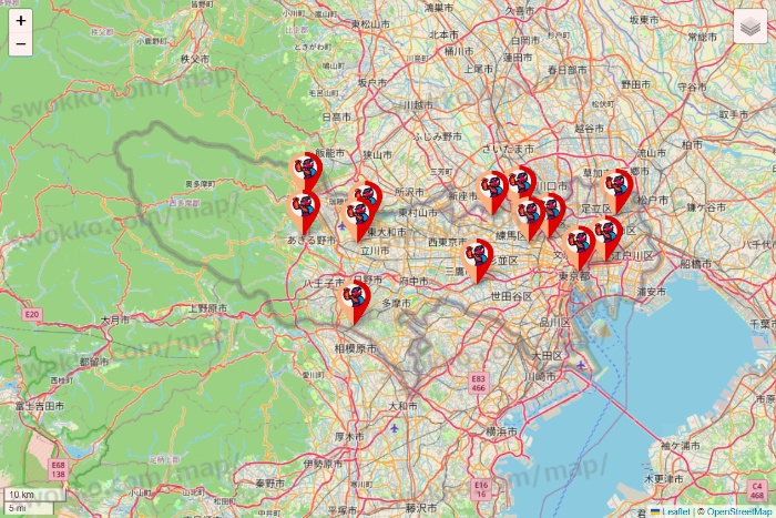 東京都のがってん寿司・函太郎の店舗地図
