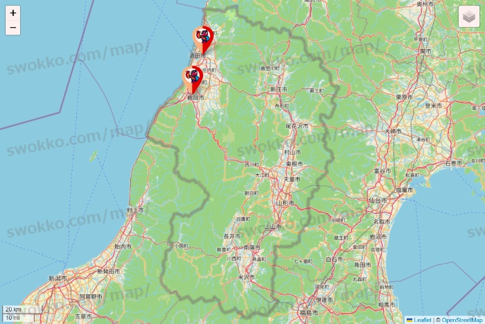 山形県のがってん寿司・函太郎の店舗地図