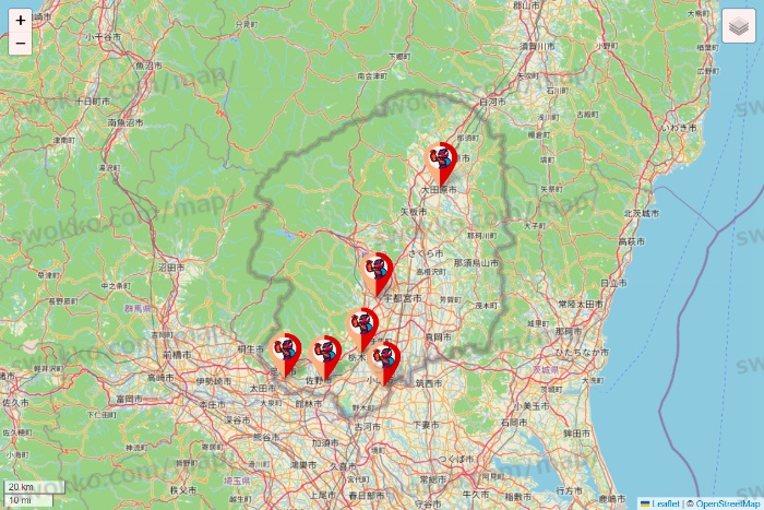 栃木県のがってん寿司・函太郎の店舗地図