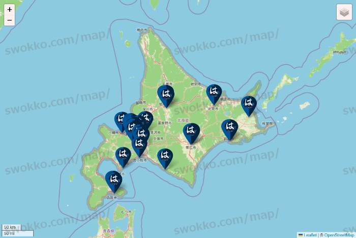 北海道のはま寿司の店舗地図