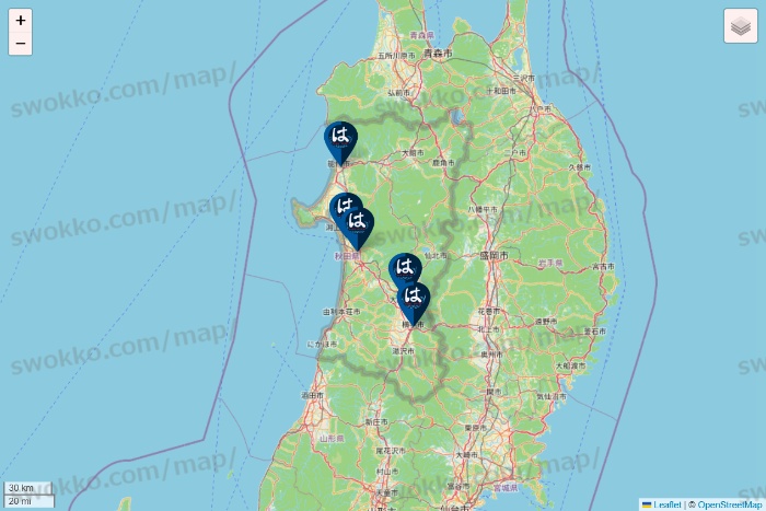 秋田県のはま寿司の店舗地図