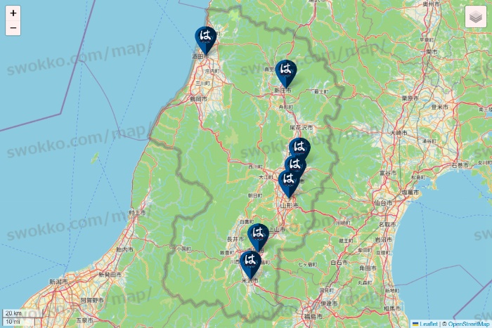 山形県のはま寿司の店舗地図