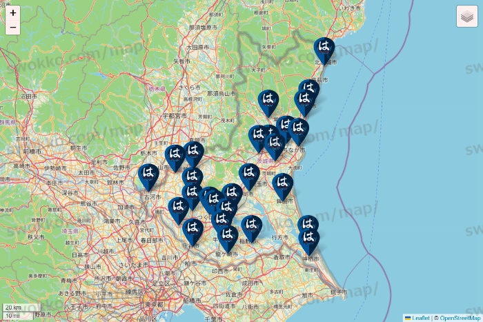 茨城県のはま寿司の店舗地図