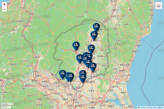 栃木県のはま寿司の店舗地図
