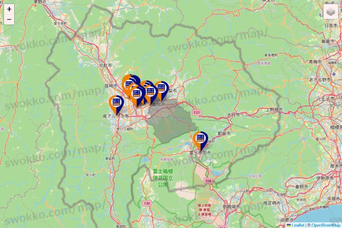山梨県のハローストレージの店舗地図