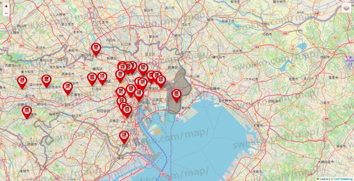東京都の自遊空間の店舗地図