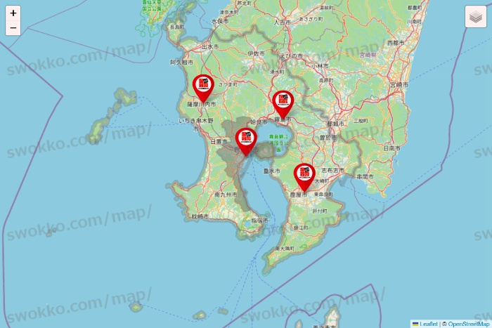 鹿児島県の自遊空間の店舗地図