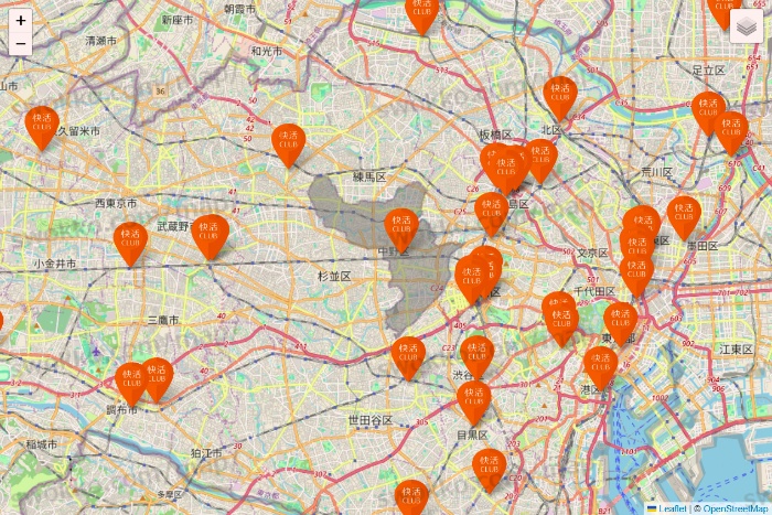 東京都の快活CLUBの店舗地図