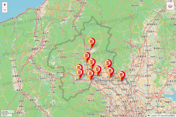 群馬県のかっぱ寿司の店舗地図