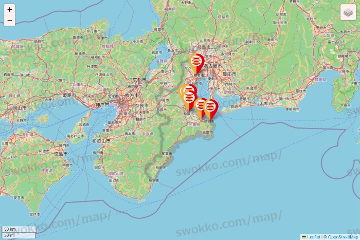 三重県のかっぱ寿司の店舗地図