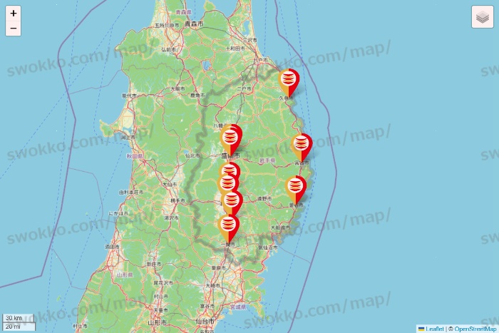 岩手県のかっぱ寿司の店舗地図