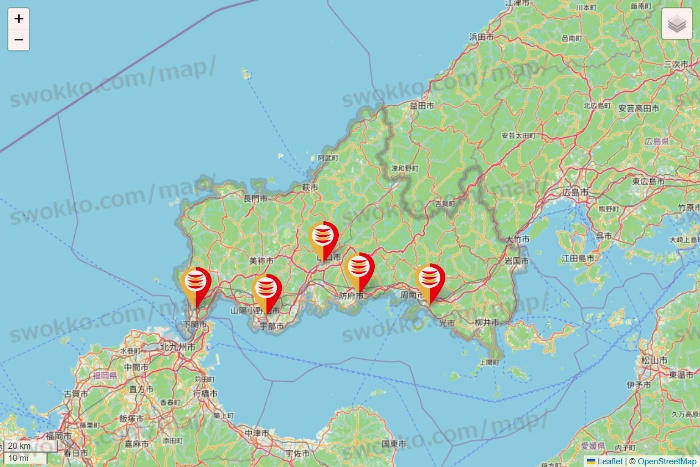 山口県のかっぱ寿司の店舗地図