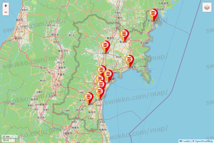 宮城県のかっぱ寿司の店舗地図