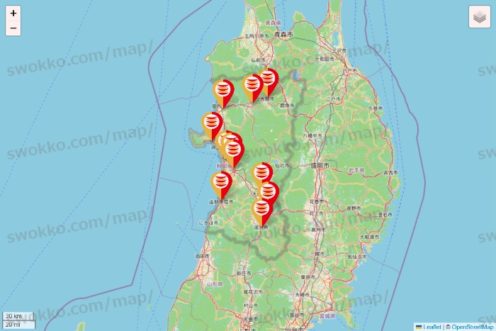 秋田県のかっぱ寿司の店舗地図