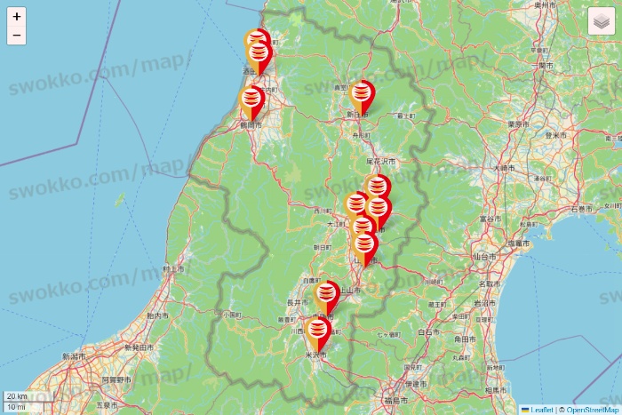 山形県のかっぱ寿司の店舗地図