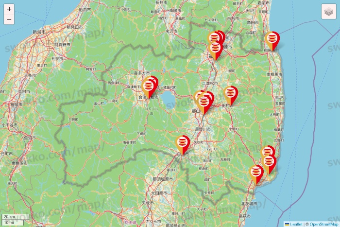 福島県のかっぱ寿司の店舗地図