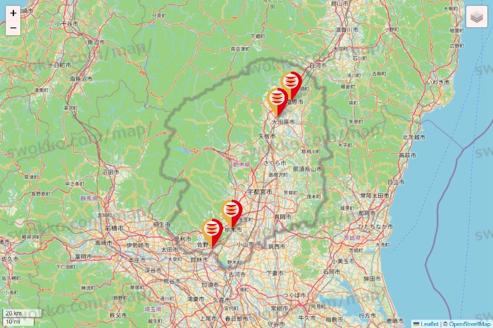 栃木県のかっぱ寿司の店舗地図