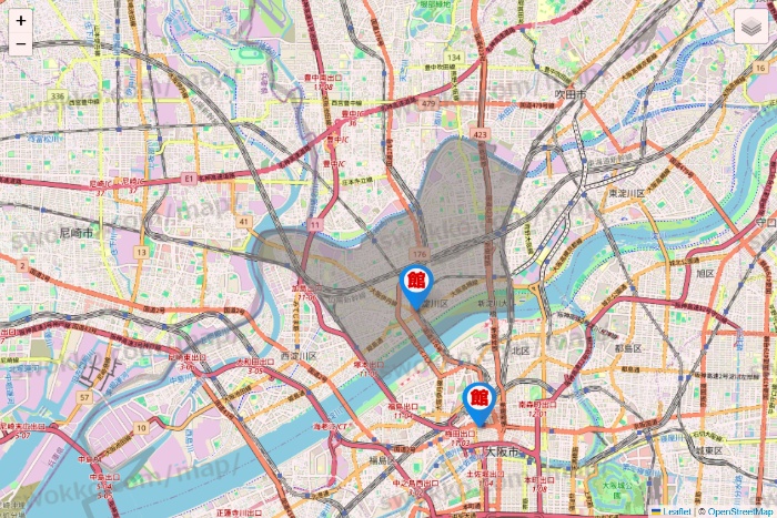 大阪府のカラオケ館の店舗地図